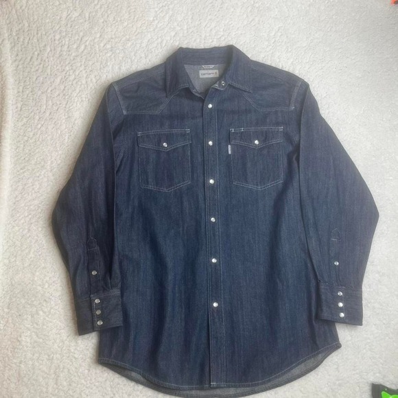 Vintage Carhartt men's pearl snap dark wash multi pocket denim shirt utility L - Picture 2 of 7